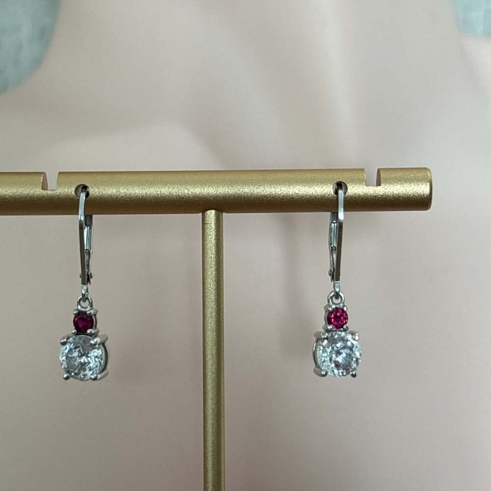 Sterling Silver Lab Created Ruby & CZ Dangle Earrings Lever back